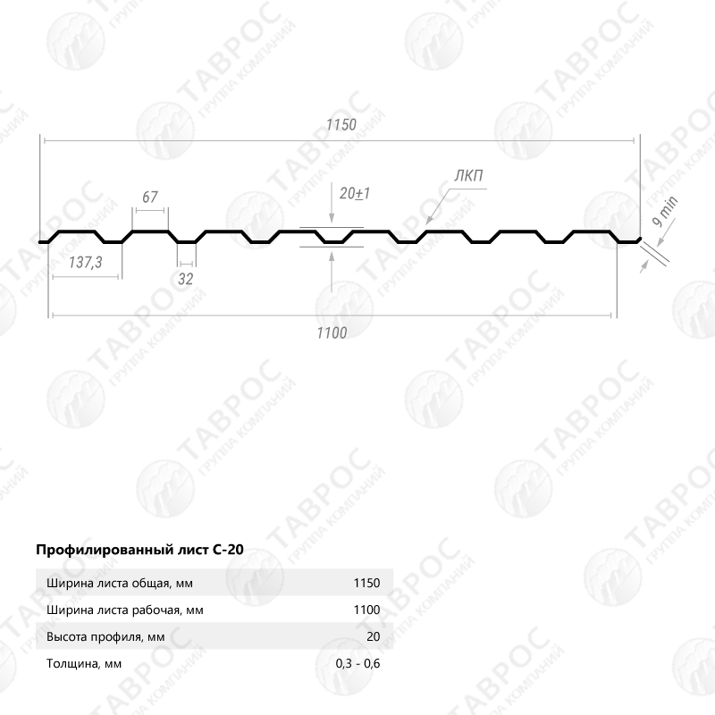 Профнастил С-20 Гладкий полиэстер RAL 9003 (Белый) 2000*1150*0,45 двухсторонний